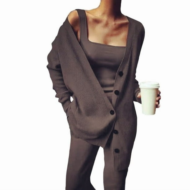 Conjunto de 3 Piezas de Punto para Mujer: Cárdigan de Larga, Camiseta Sin Mangas, Pantalón y Chándal. Café 4XL