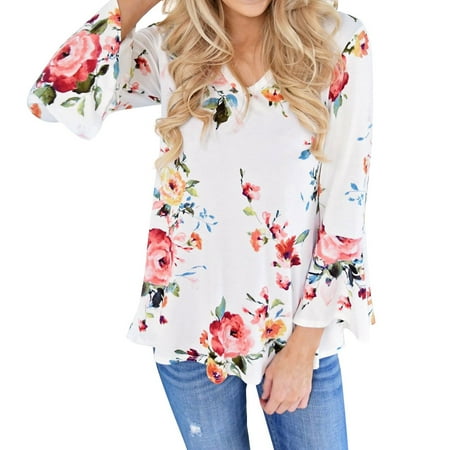 - ZXZY Women Floral Printing V Neck Trumpet Sleeves Shirt Top