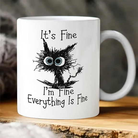 1pc, It's Fine I'm Fine Everything Is Fine Coffee Mug, Funny Sarcastic Mug, Cat Lover Coffee Mug, 11 Ounce Novelty Coffee Cup, Double-sided Design, Gifts, Funny, Humor, Cartoon, Birthday, Holiday Gift