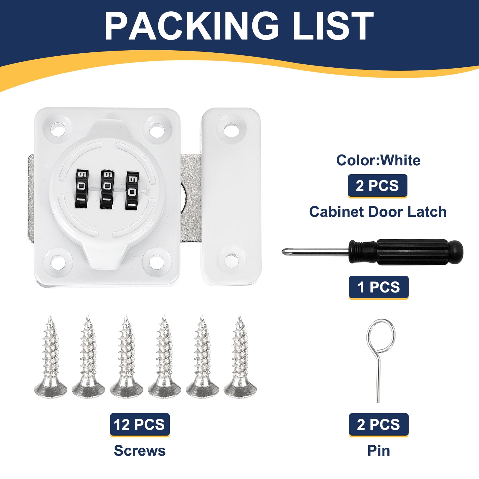 2Pcs Combination Cabinet Latch Metal Keyless Drawer Lock, White