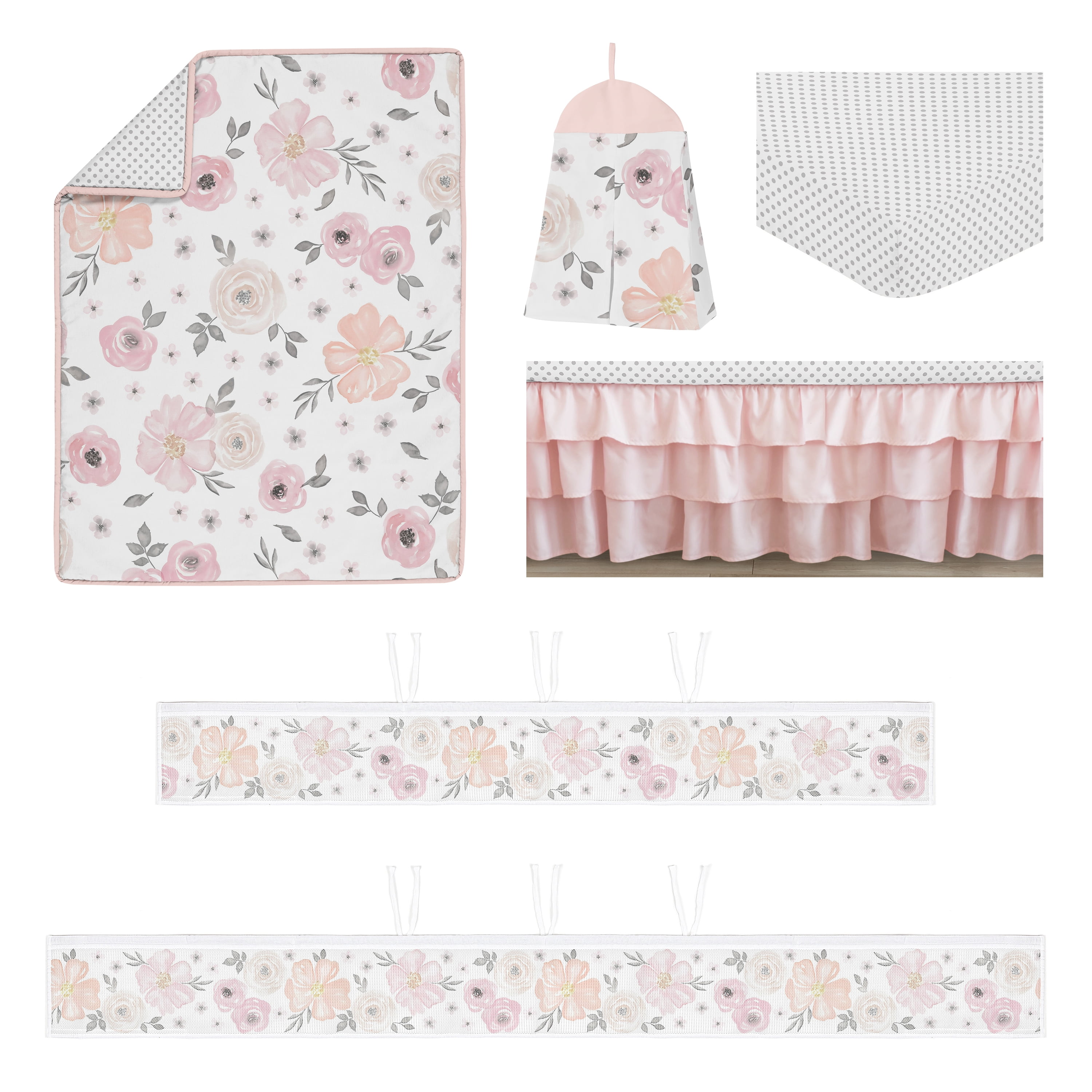 Sweet Jojo Designs Watercolor Floral Pink Grey and White Crib Bedding + BreathableBaby Breathable Mesh Liner Pad