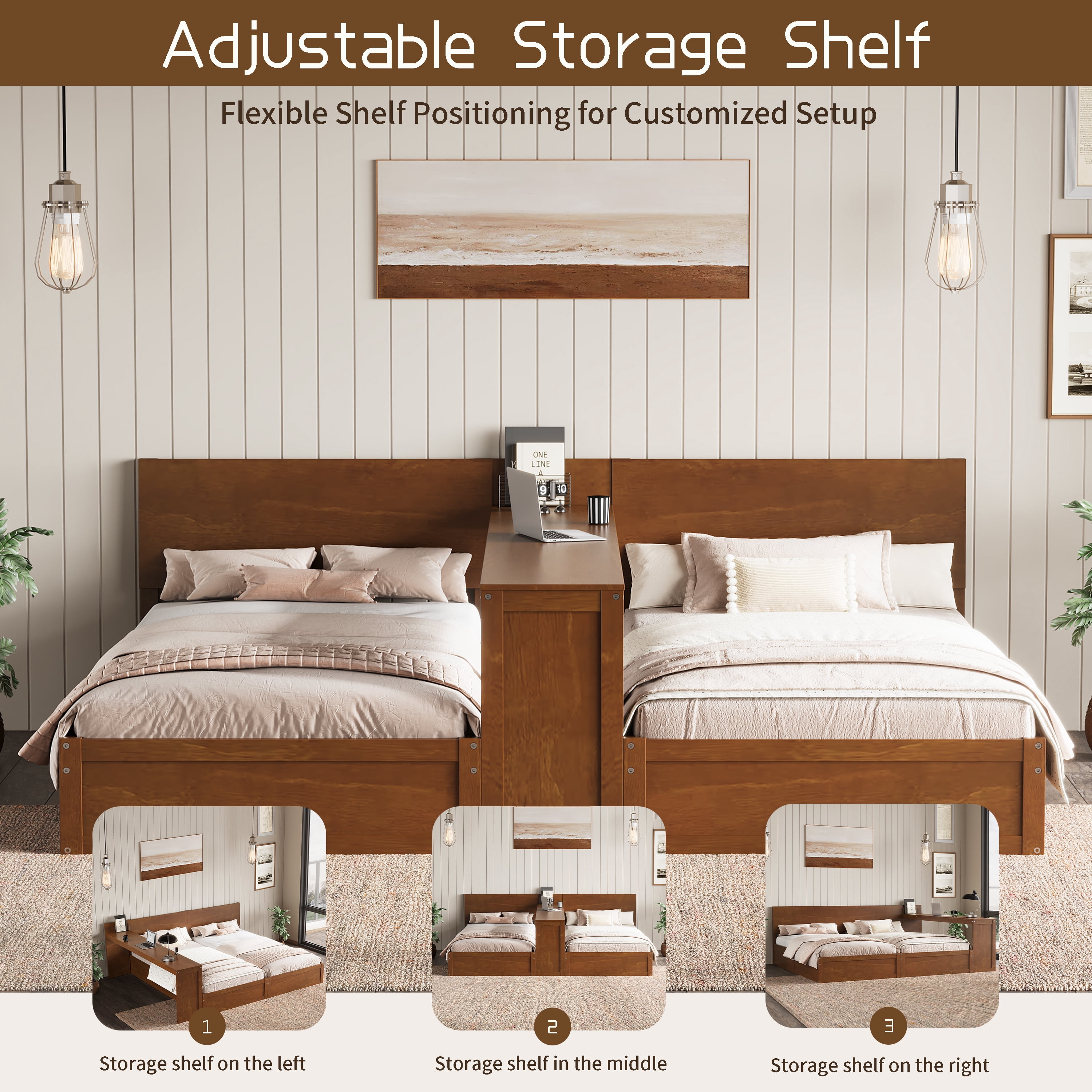 Mintazer Twin Size Double Platform Bed Frame with Adjustable Middle Storage Desk, 2 Twin Beds with Movable Workstation for Kids Teen Shared Bedroom Guest Room, Walnut