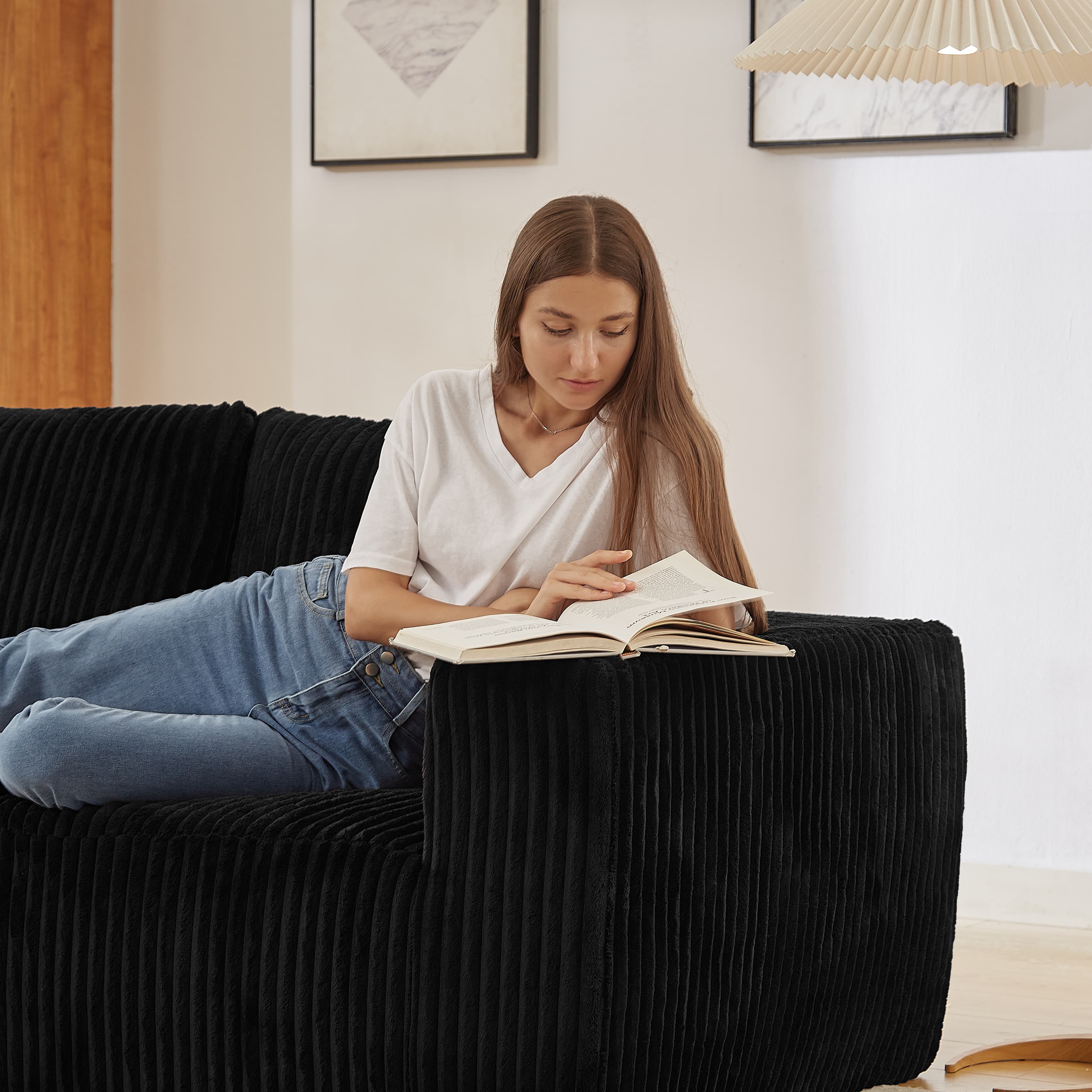 MAYEERTY Corduroy Cloud Sectional Sofa with Deep Seat, Modern Modular Couches for Living Room, 103*66*24"Black
