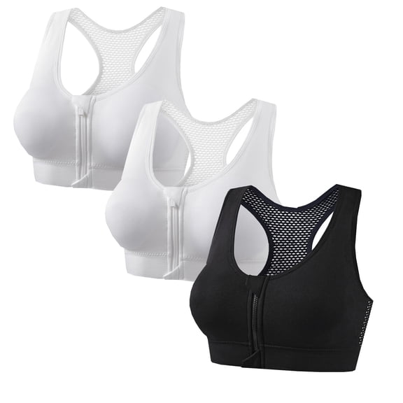 Riecok Womens Zip Front Sports Bra 3 Pack Push up No Underwire Bralette Racerback Full Coverage Wide Straps Bras Silver 3XL