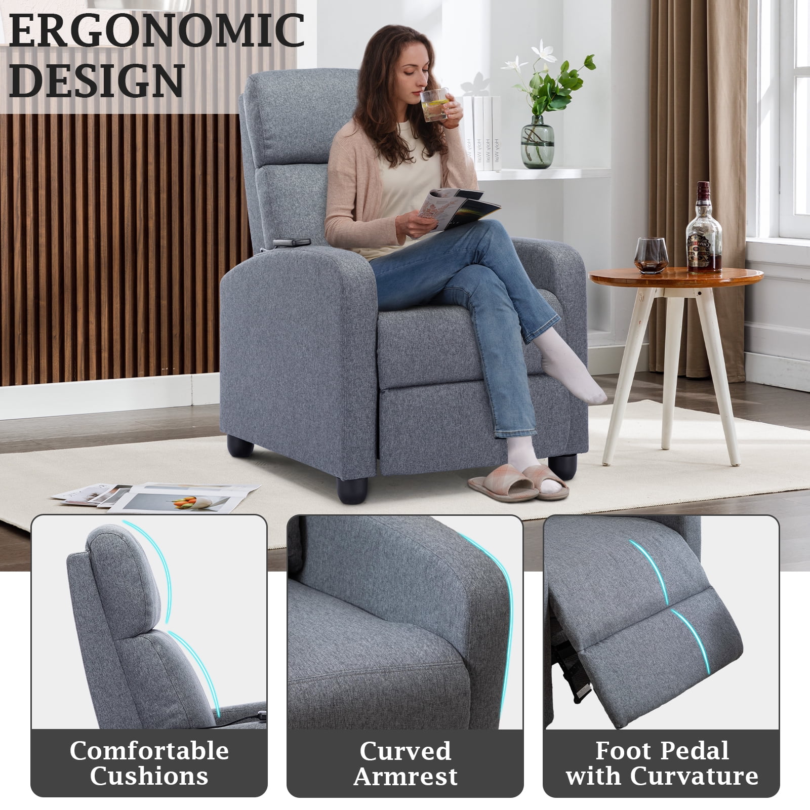 Bonzy Home Electric Recliner Chair with Massage Function, Grey, 2pcs