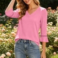 thumbnail image 5 of Bosfbaoi 3/4 Bell Sleeve Tops for Women Solid V Neck Hollow Trim Casual Blouses, 5 of 7