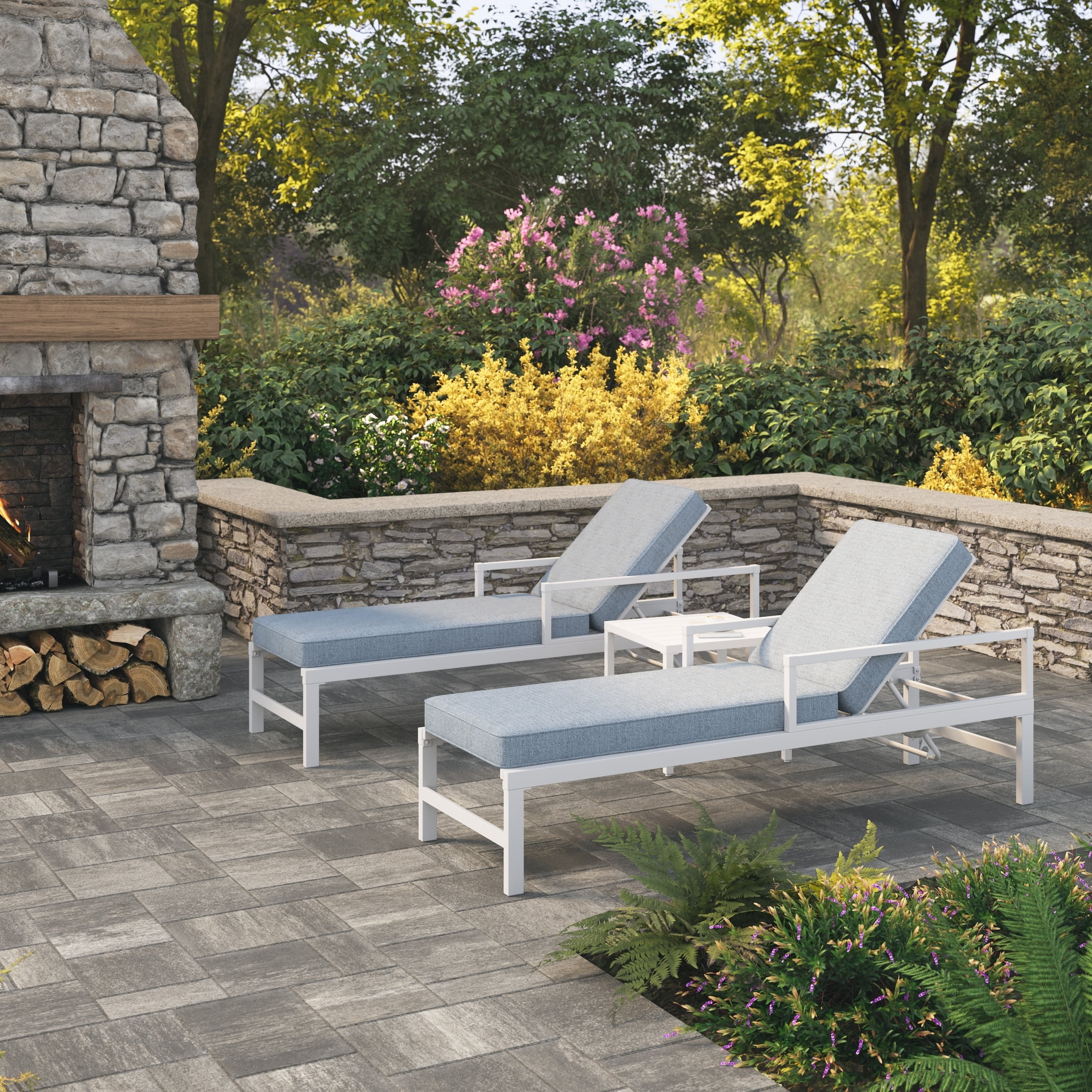 My Texas House Cambria Steel Outdoor Chaise Lounge, Blue Cushions with White Frame