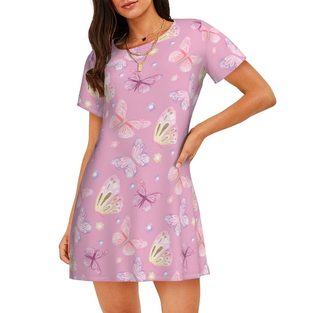 Disketp Butterfly 1 para Camisón Corto de Manga Corta para Mujeres, Camisón Cómodo con Escote Redondo, Bonito y Confortable