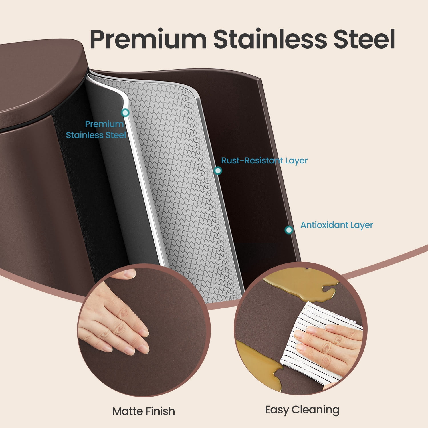 LEDREM Stainless Steel 13 Gallon Step Trash Can , Soft-Close Lid with Inner Bucket , Kitchen & Office Bin ,Brown