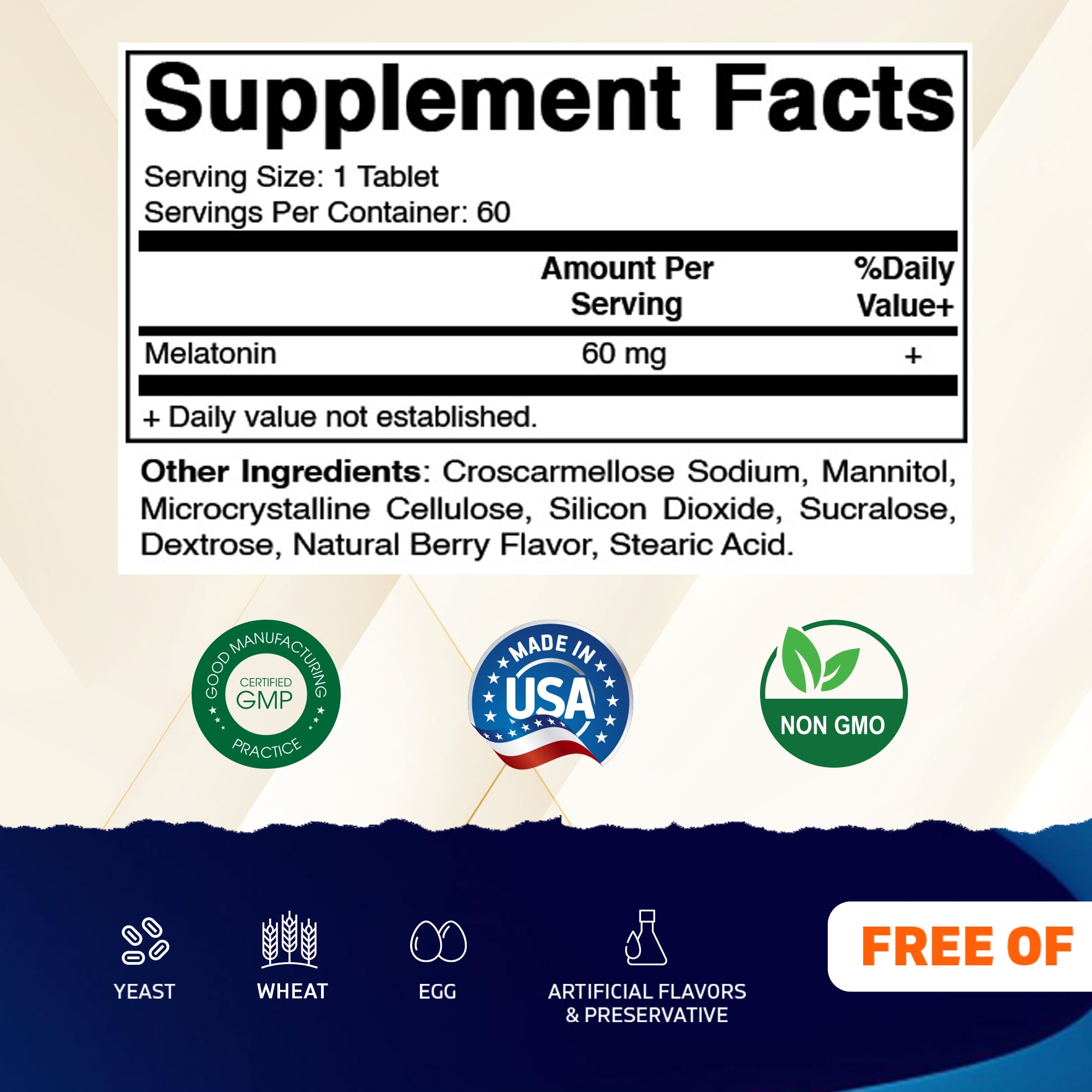 Vitamatic Melatonin 60mg Fast Dissolve Tablets - 60 Vegan Natural Berry Flavor Tablets - Non-Habit Forming - Non-GMO, Gluten Free (3 Bottles)