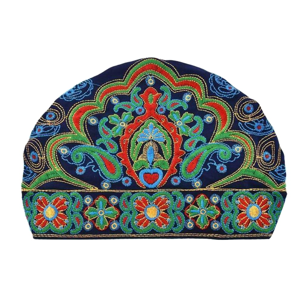 Turban Ethnique pour Femmes, Bonnet, Foulard, Brodé Floral, Bleu