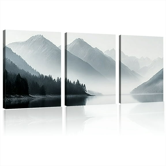 Modern Minimalist Mountain Landscape Canvas Wall Art - Gray Monochromatic Abstract Painting with Frame - Ready-to-Hang Living Room, Bedroom, Office Decor - Made in USA 2D Flat 12x16inchx3pcs