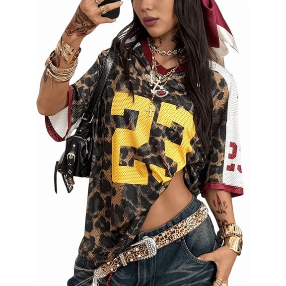 Gynyvoja Jersey Shirts for Women Oversized T-Shirt Jersey Top Graphic V Neck T-Shirts for Teen Girls Leopard Print L