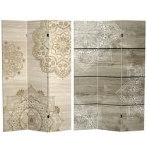 Oriental Furniture 6 Ft tall Double Sided Mandala on Oak Canvas Room Divider, 3 panel