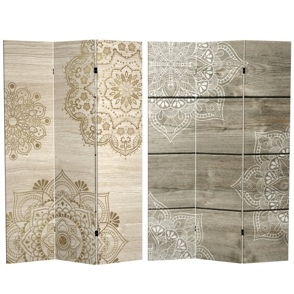 Oriental Furniture 6 Ft tall Double Sided Mandala on Oak Canvas Room Divider, 3 panel