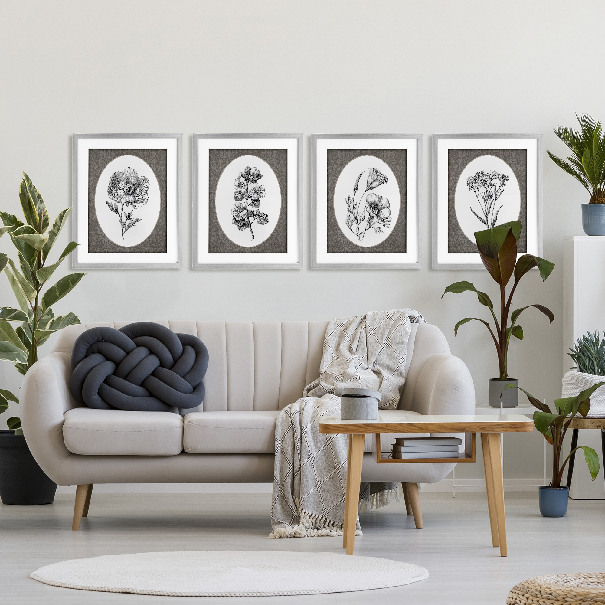 Ornate Blooms over Damask 4 Piece Gray Framed Print Under Glass Set, design by Lettered and Lined