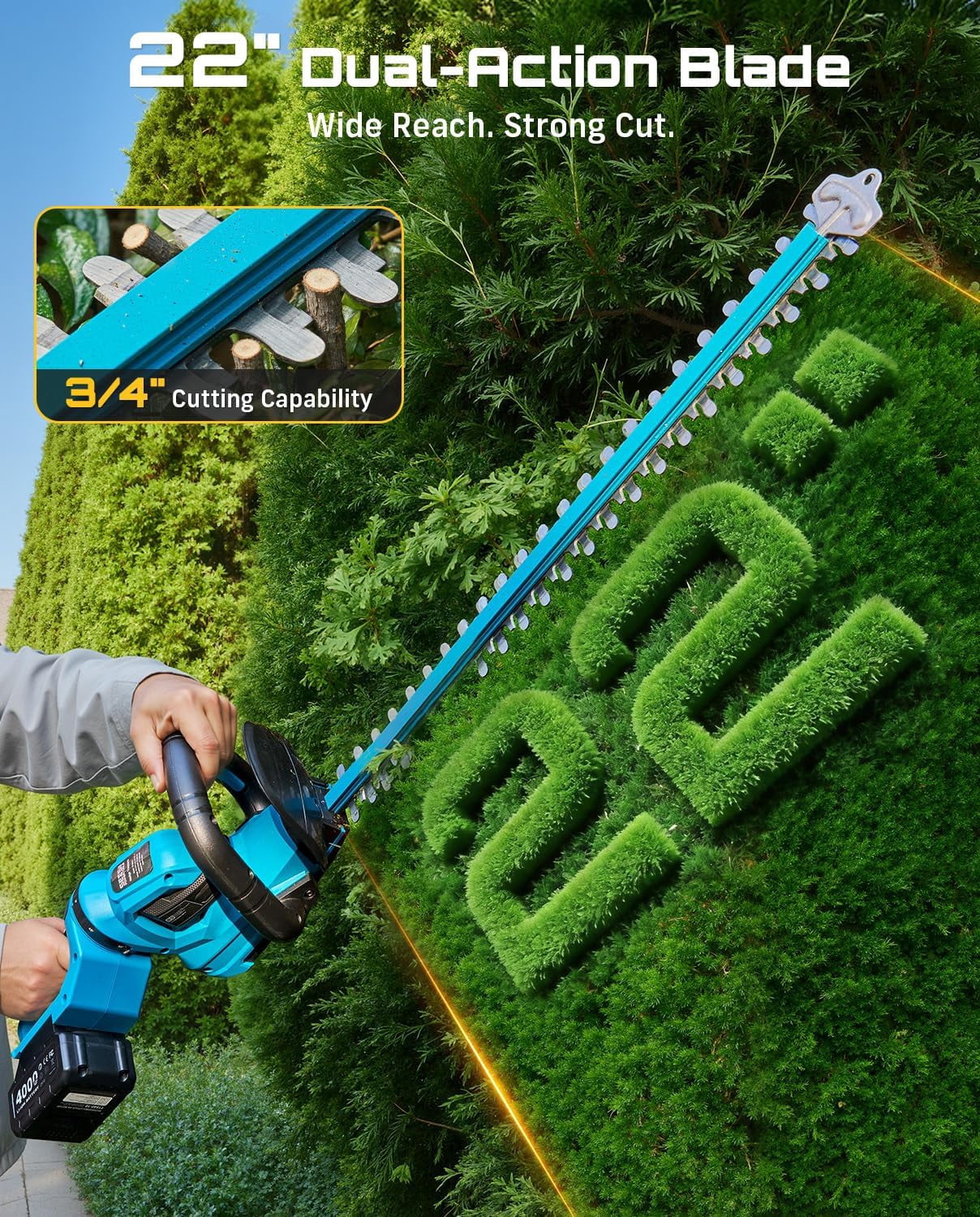 SEESII 22" Cordless Hedge Trimmer: 20V Electric Bush Trimmer with Debris Collector, 2 Pcs 4000mAh Batteries, Dual-Action Blade, 3/4" Blade Gap, Rotatable Handle, Handheld Shrub Hedge Clipper for Yard