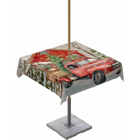 Fsddascl Christmas Truck Outdoor Tablecloth - 60x60 Inch Square Dining Table Cover, Grey Watercolor Xmas Tree Snowflake Waterproof Outdoor Table Cloth with Umbrella Hole & Zipper for Picnic/Patio