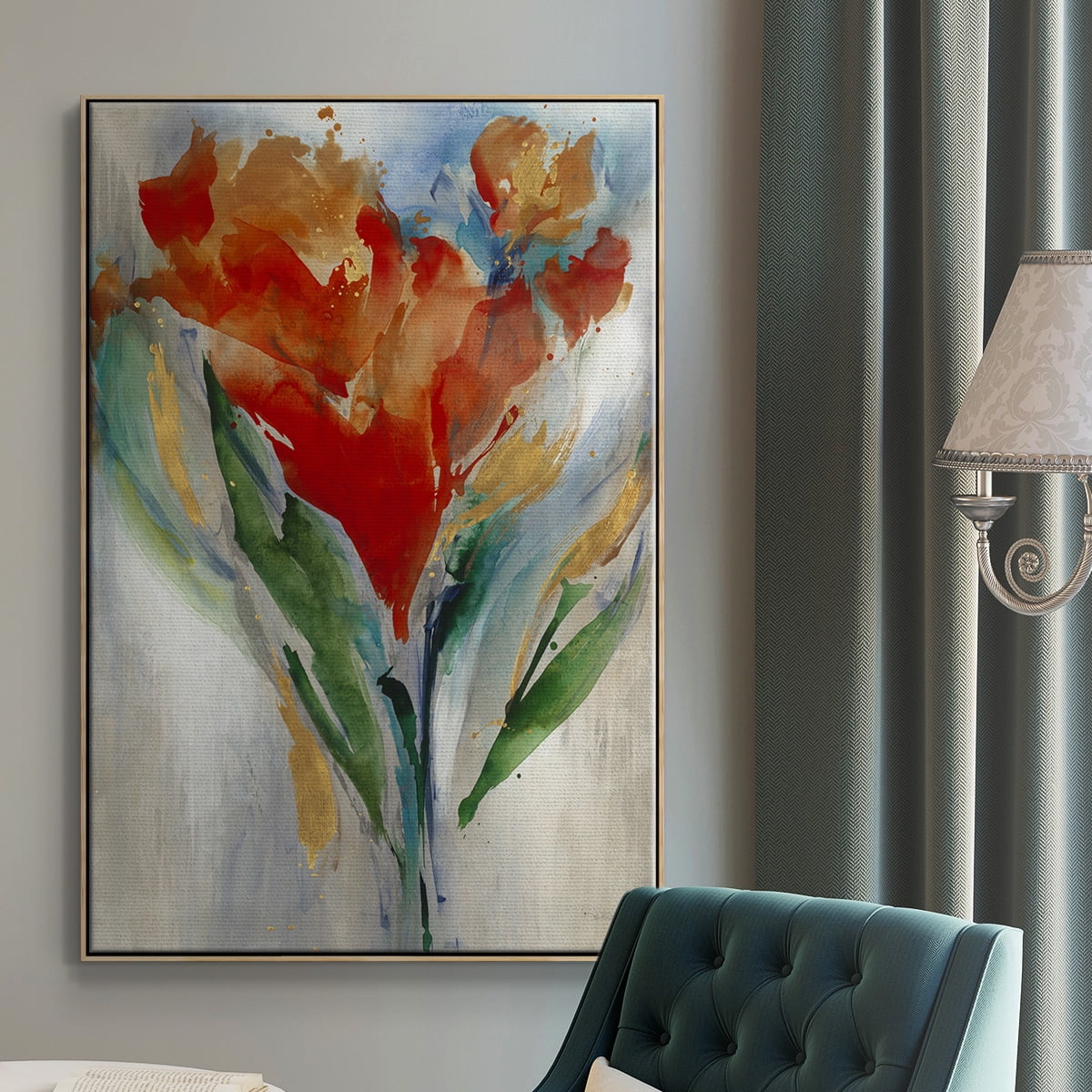 Wild Flower Bouquet Framed Premium Gallery Wrapped Canvas - Ready to Hang - 27 x 41 - Natural Wood Floating Frame