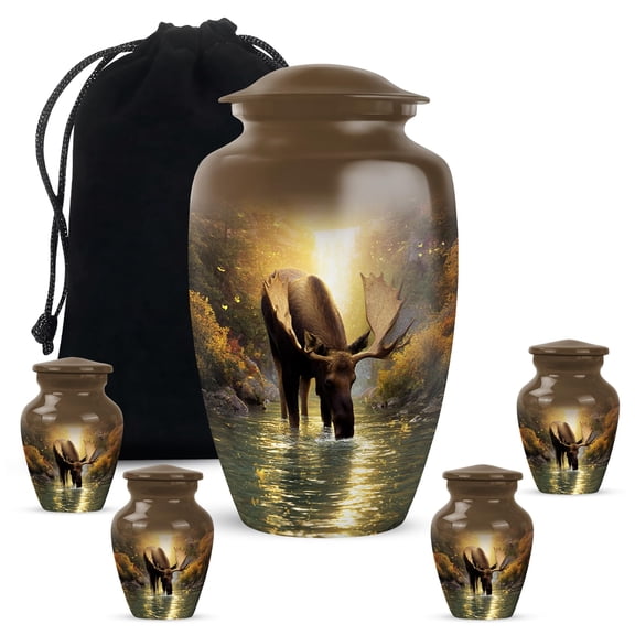 Moose Burial Urn for Brother and Sister, Unique and Decorative Urns for Ash, Beautiful Cremation Urn for Human Ashes, Urns for Funeral – Memorial Gifts – 10 Inch Large, 3 Inch Tiny (Set of 5)
