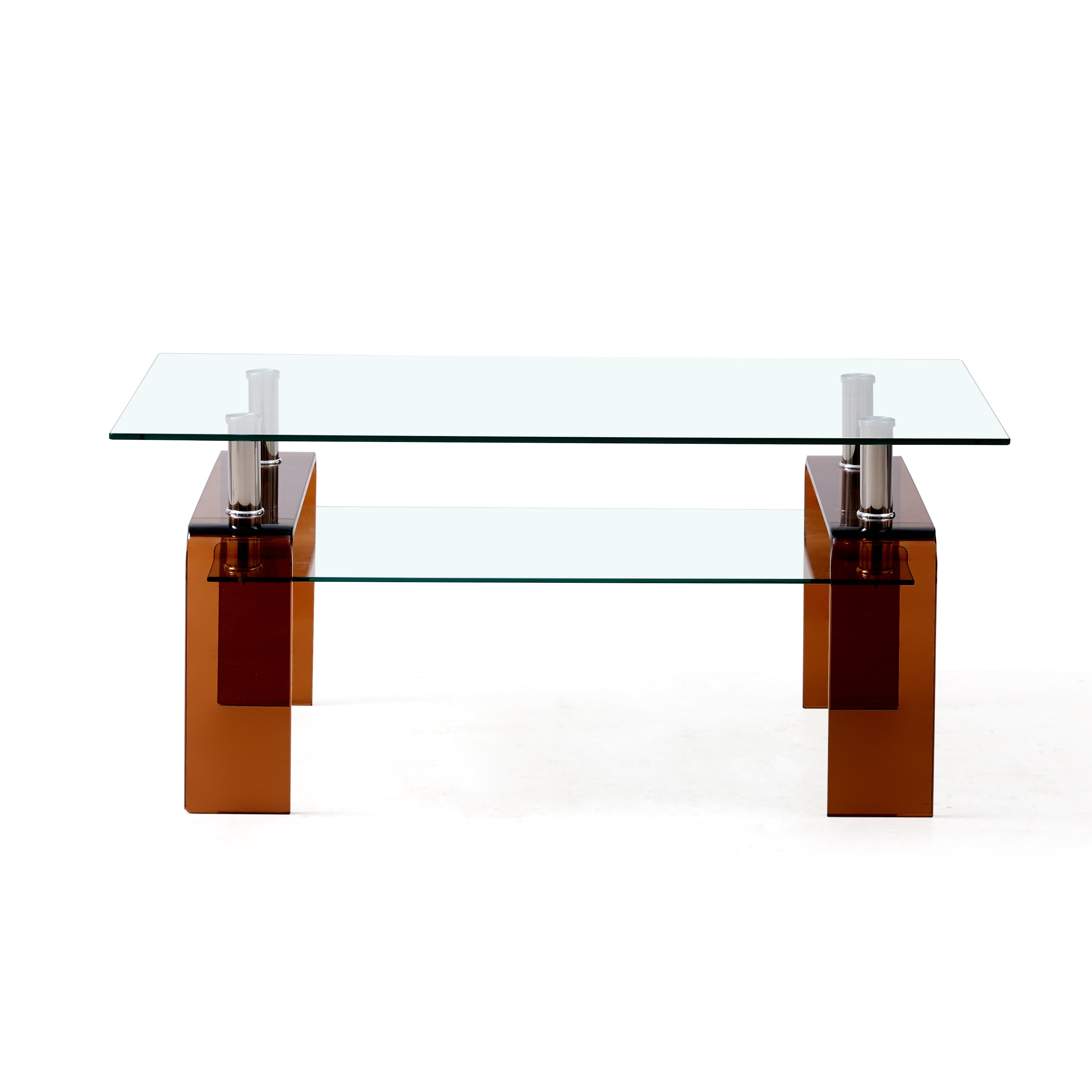 MAYEERTY Tempered Glass Coffee Table, Modern Glass Coffee Table for Living Room, 2-Tier Storage Center Coffee Table with Brown Legs