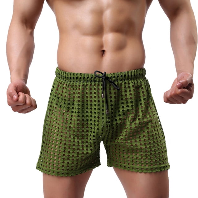 Puntoco Pantalones Cortos De Corte Clásico Para Hombre,Pantalones De Tres Cuartos De Malla Sexy Huecos De Malla Sexy Sueltos De Nueva Moda Para Hombres Verdes S