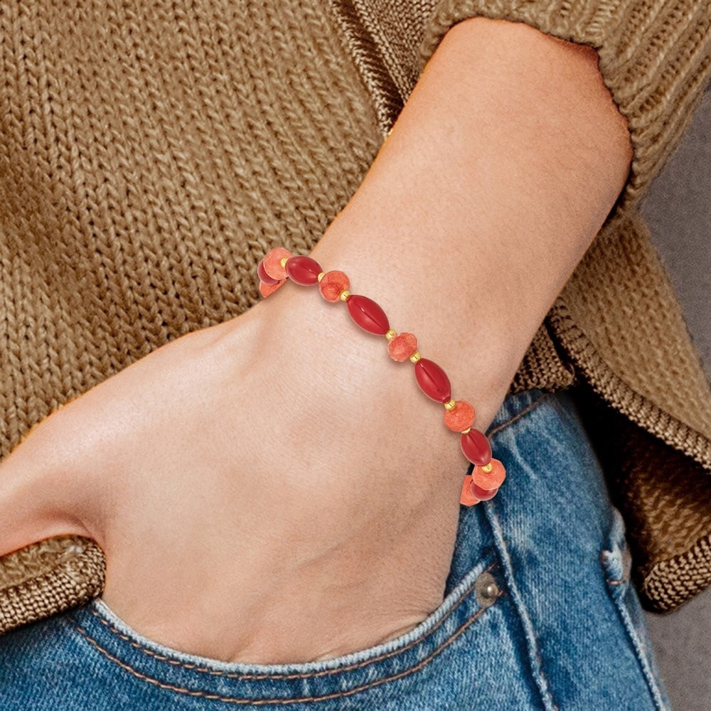 Diamond2Deal 925 Sterling Silver Gold-Plated Coral and Jade Beaded Stretch Bracelet for Women