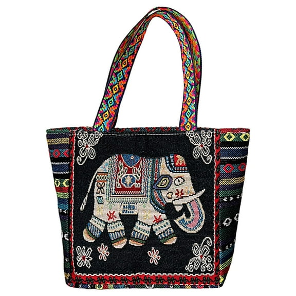 Embroidered Handmade Women Shoulder Bag Travel Bag Gift Black White Elephant F-Black White Elephant
