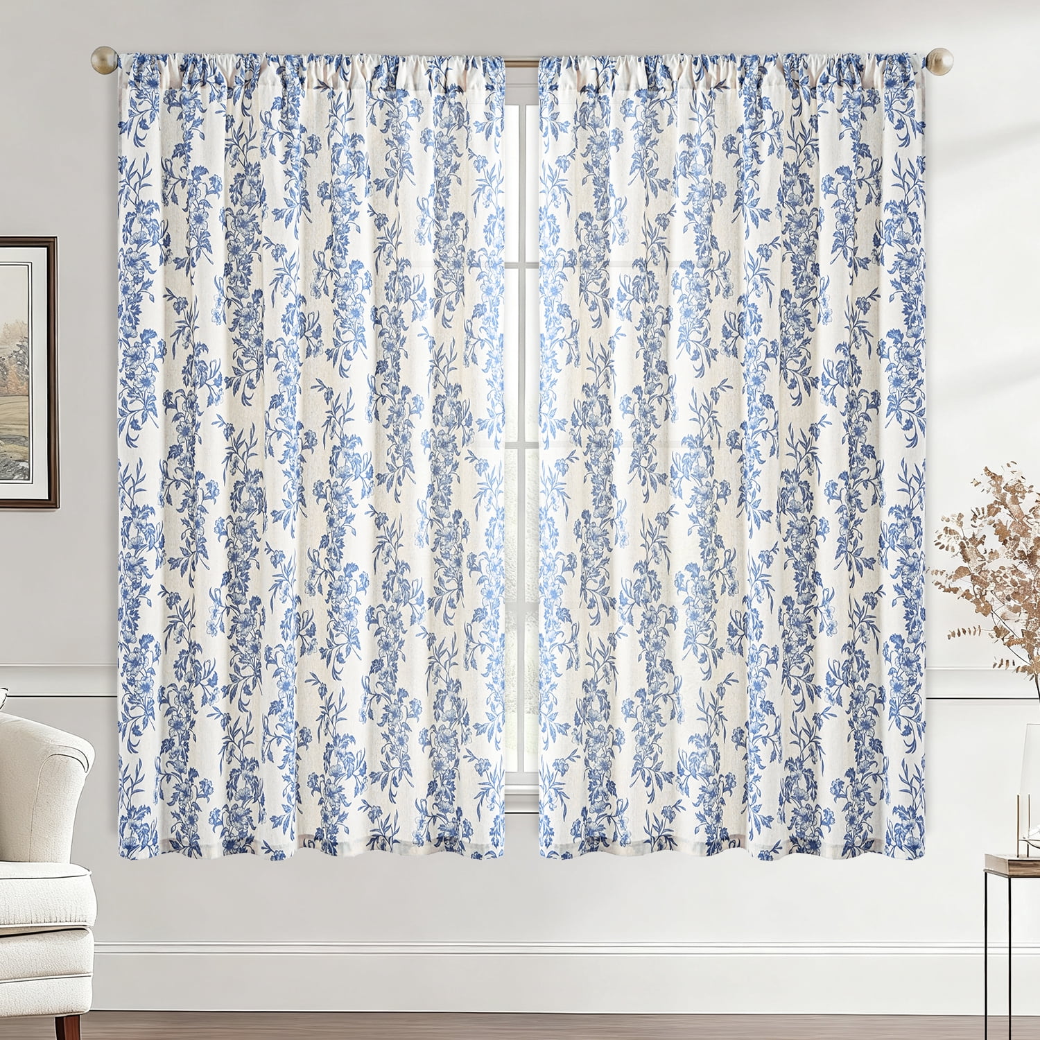 Alishomtll Floral Curtains for Living Room Farmhouse Country Linen Curtains Light Filtering Window Drapes,Blue ,52"x63", 2 Panels