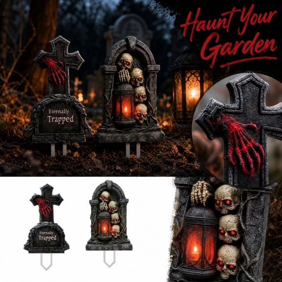 Halloween Decorations Outdoor Lights 2 Pack Spooky Graveyard Tombstone Garden Stakes, Light Up Skeleton Skull Yard Stakes for Lawn, Party and Haunted House Gothic Decorations