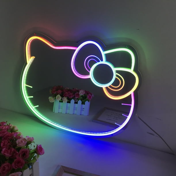 Espejo personalizado de Hello Kitty con luces, decoración de dormitorio, espejo de neón Led acrílico