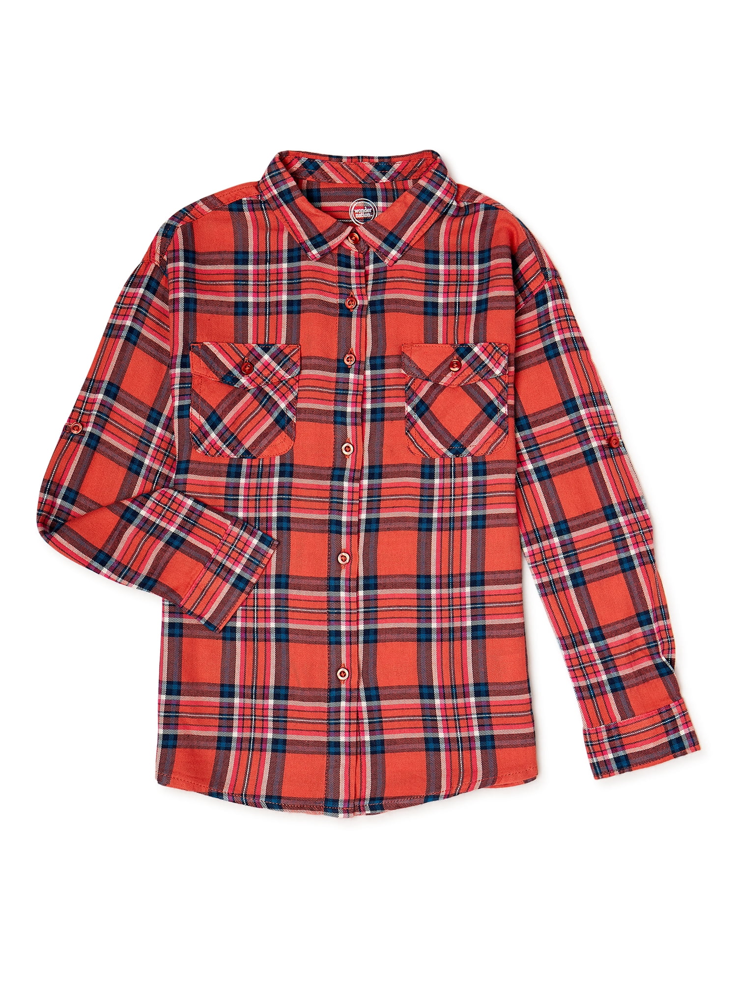 SANGTREE Girls' Women's Long Sleeve Flannel Plaid Shirt Button Down Cotton Shirts, 3 Months - US 2XL, Orange Pink, 11-12 Years