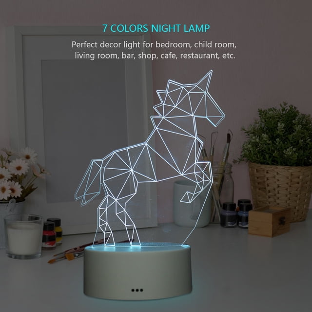 Lámpara de escritorio LED táctil de 7 colores con base blanca, luz nocturna con ilusión óptica 3D y caballo