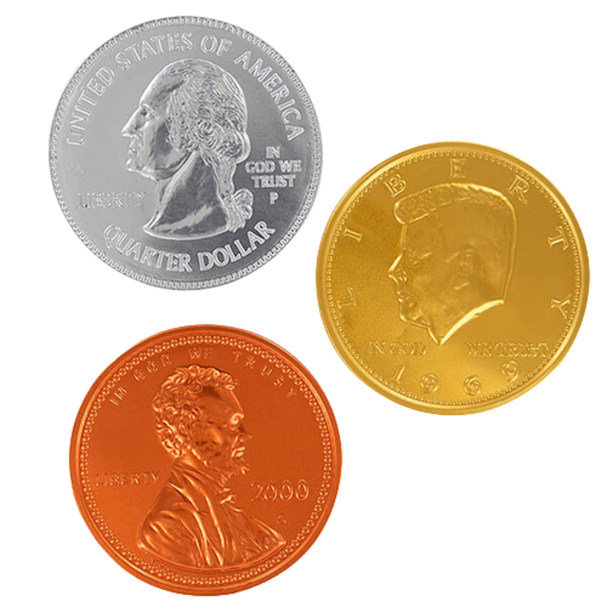 Jumbo Milk Chocolate Coins Wrapped in Foil Gold Silver Bronze Gift Set