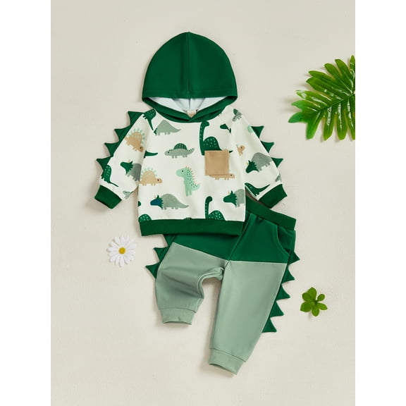 Jaweiwi Toddler Baby Boy Fall Outfits 3 6 12 18 24 Months 2T 3T Dinosaur Print Long Sleeve Hoodies   Elastic Waist Long Pants 2 Pcs Clothes Set