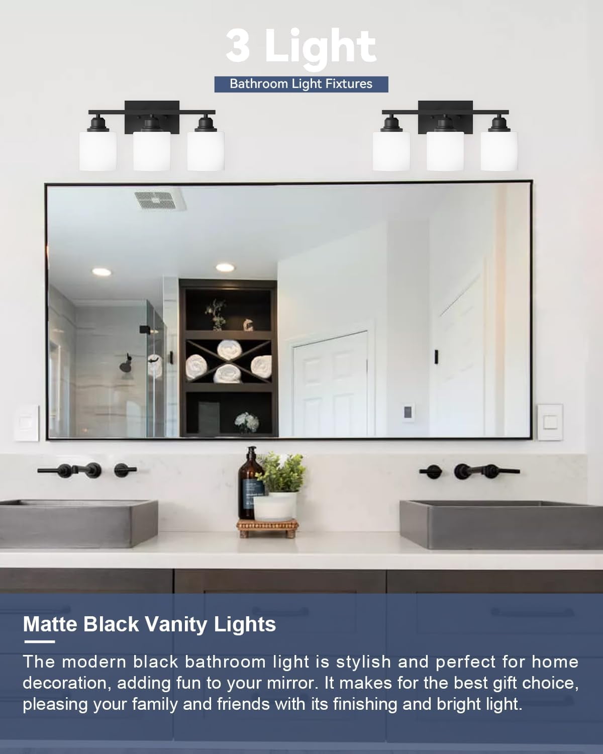 Hansang Modern 3-Light Vanity Light Fixture, Black Finish with Frosted Glass Shades, Bathroom Wall Lighting, Bulbs Not Included