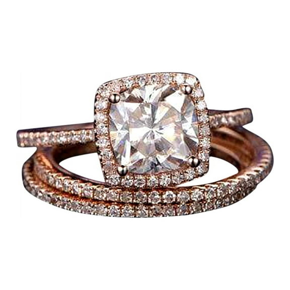 2 Carat Cushion Cut Diamond Moissanite Halo Engagement Ring Trio Wedding Set On With 18K Rose Gold Plating, Promise Ring, Anniversary Ring