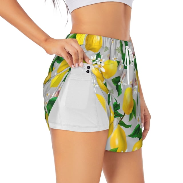Balery Lemon Seamless Pattern Oil Painting Effect Pantalones cortos deportivos para mujer con forro y dos bolsillos, elásticos, para entrenamiento, gimnasio, yoga-X-Large