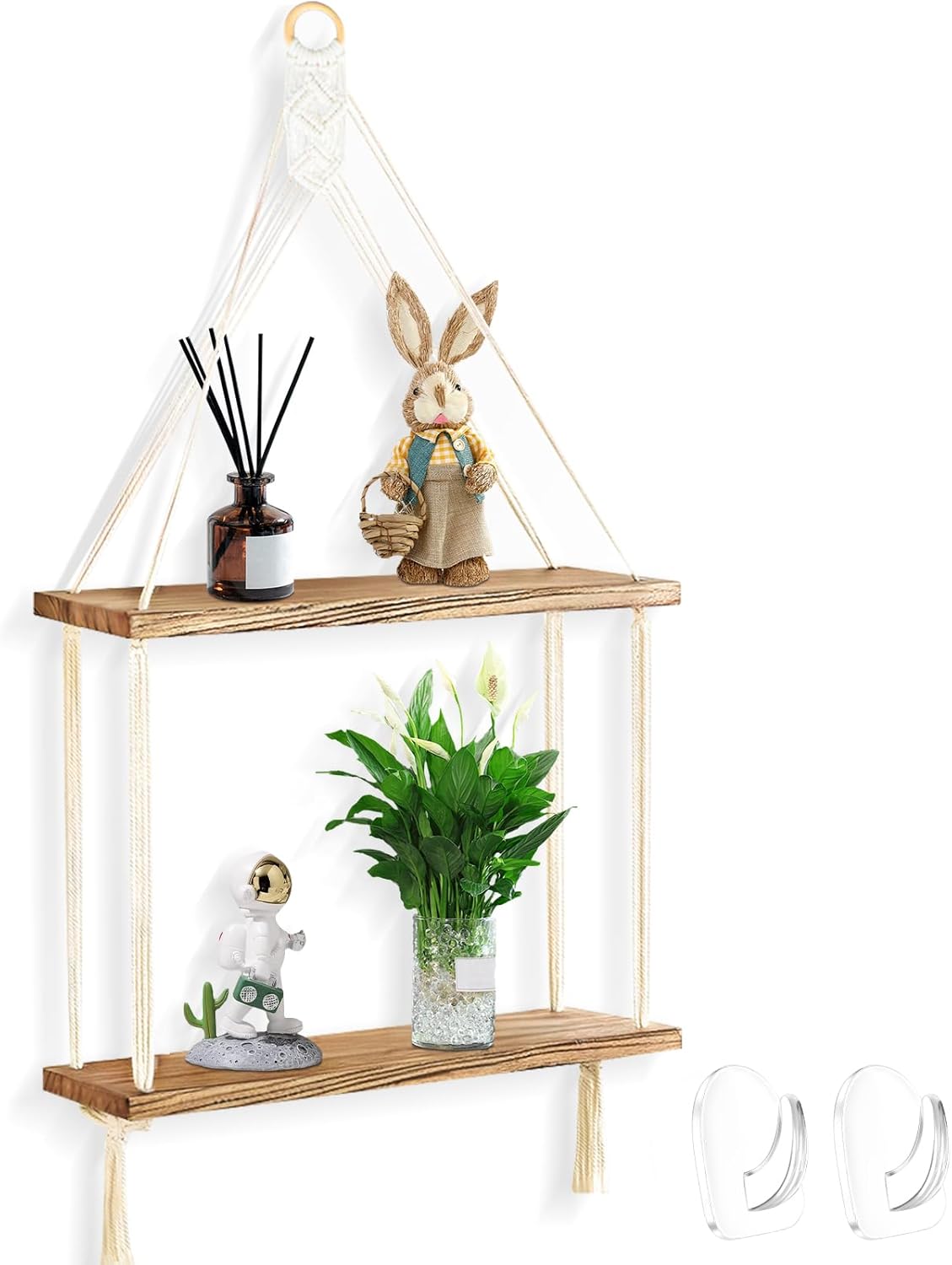 LXYWXS-Macrame Wall Hanging Shelves Boho Room Decor, 2 Tier Handmade Cotton Rope Rustic Wood Corner Floating Shelves with 2 Hooks, Decorative Hanging Storage Shelf for Living Room, Bathroom, Bedroom