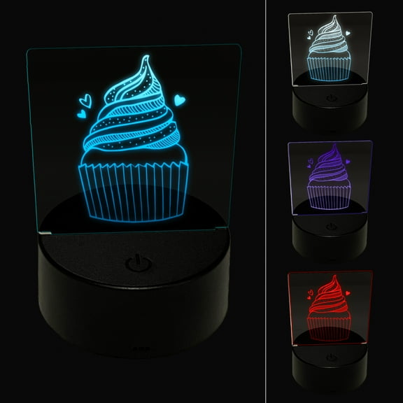 Deliciously Sweet Hand Drawn Cupcake With Sprinkles LED Night Light Sign 3D Illusion Desk Nightstand Lamp