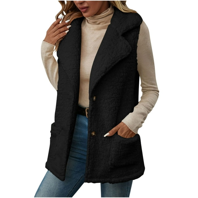 Dagegui Veste Sans Manches en Sherpa pour Femme, Automne, Boutonnée, Col à Revers, Gilet Décontracté Quotidien, Vêtements d'Extérieur, Gilets pour Dames, Noir, TTG