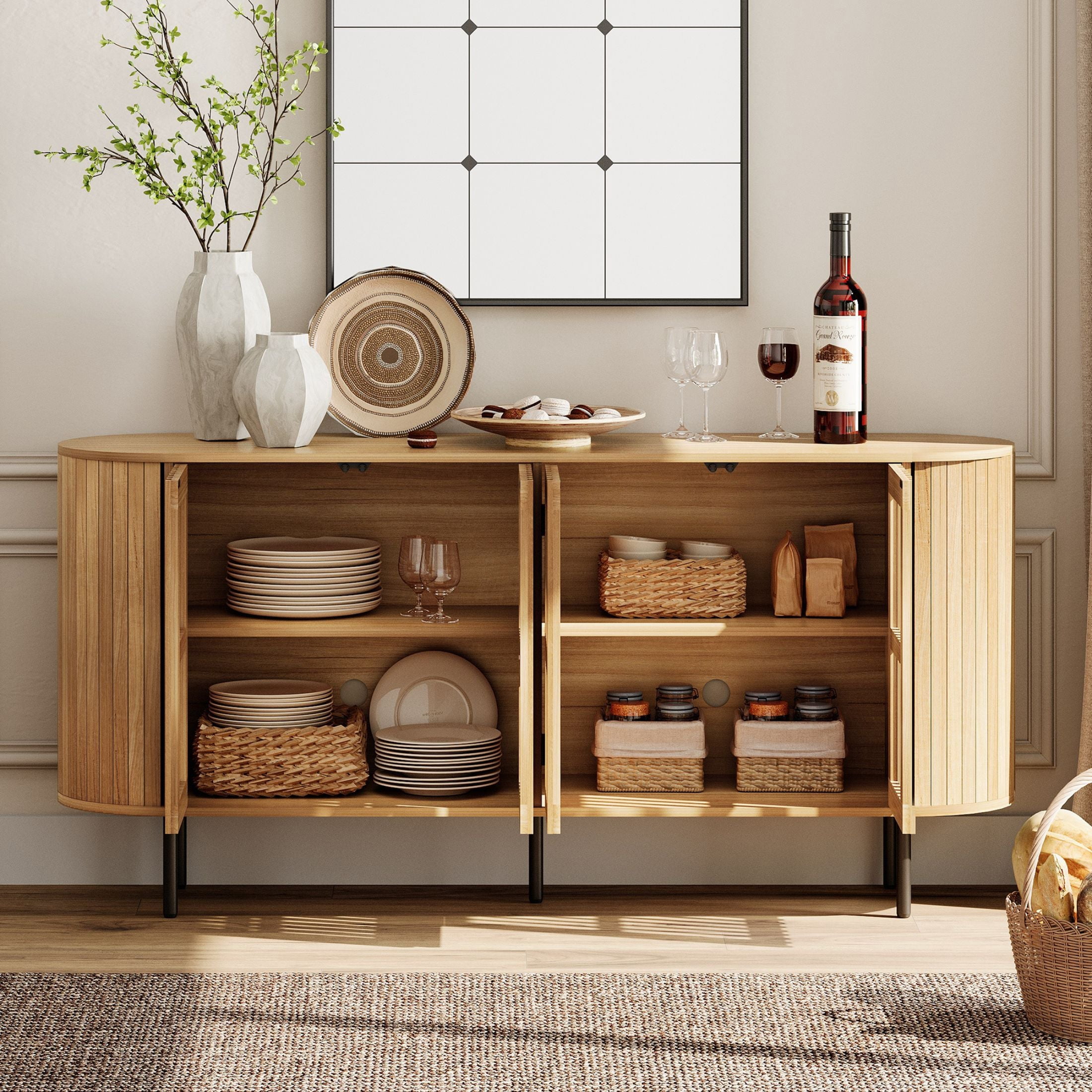 WAMPAT Kitchen Buffet Cabinet with Storage & Fluted Panel, Modern Credenza Coffee Bar for Dining Room Living Room, Curved Design, 64 inch, Oak