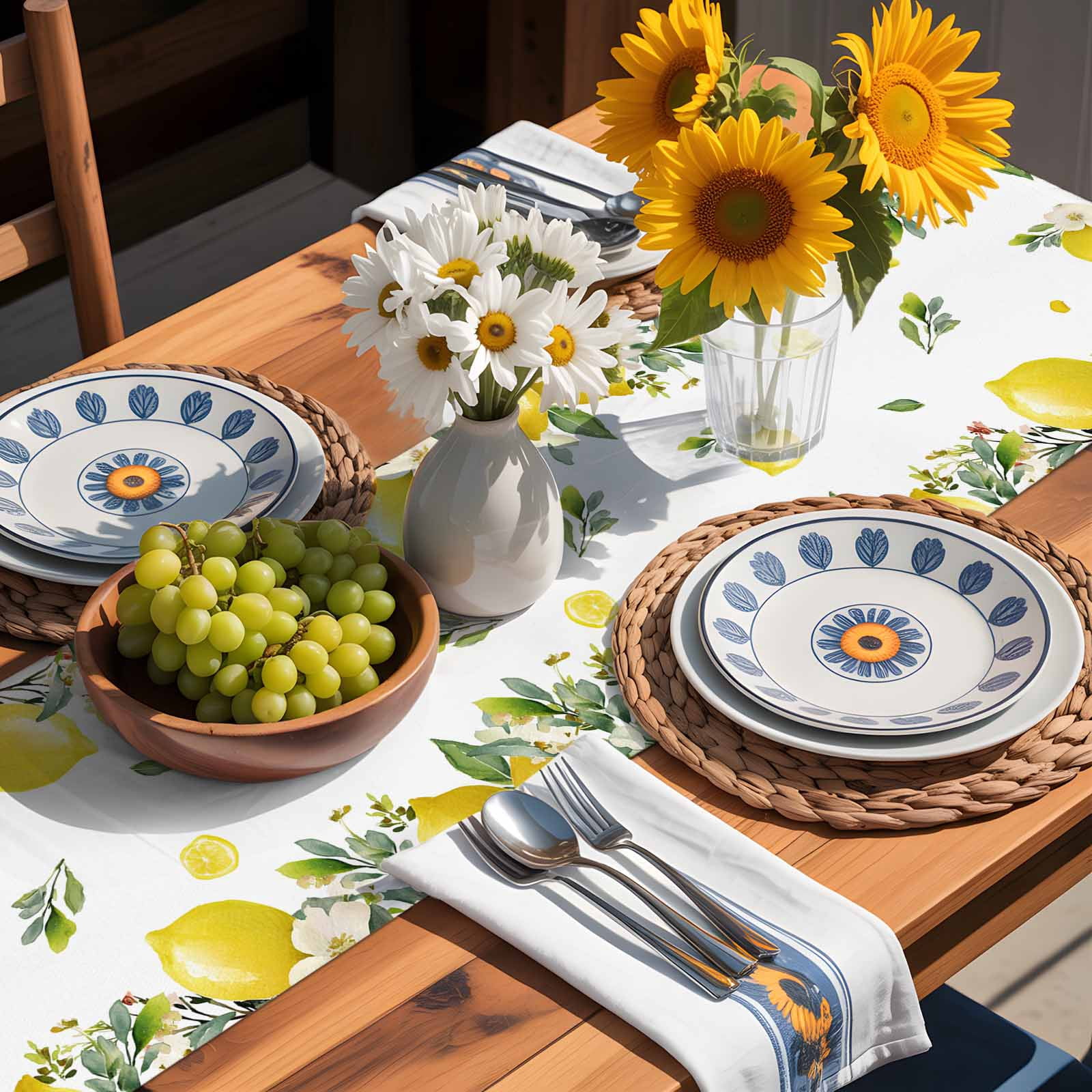 Watercolor Lemon Green Leaves Flower Table Runner 90 Inches Long, Farm Harvest Table Runners Tabletop Scarf Kitchen Dining Tables Decoration for Home Party Indoor Outdoor