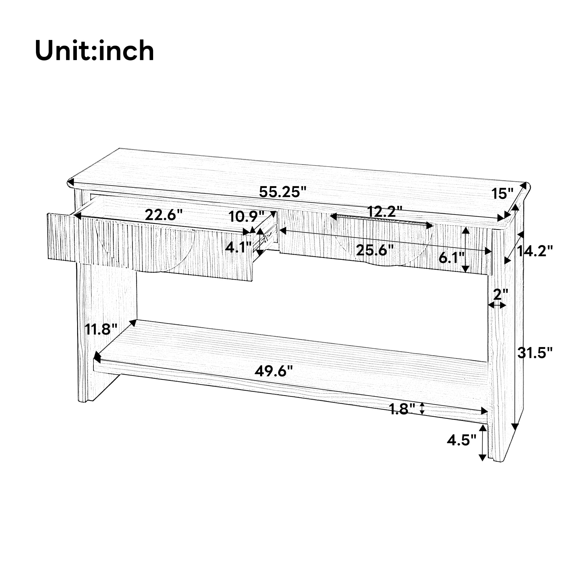 HOQBN 55" Console Table with Soft-Close Drawers, Solid Wood Top & Bottom Display Shelf,Modern Entryway Sofa Table for Living Room, Hallway, Office,Natural