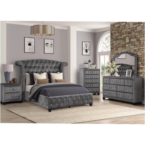 JERFIT 5-Piece King Bedroom Set with Crystal Tufted Headboard, Velvet Upholstered Platform Bed, Dresser, Mirror, Nightstand & Chest, Gray Modern Wood Bedroom Furniture
