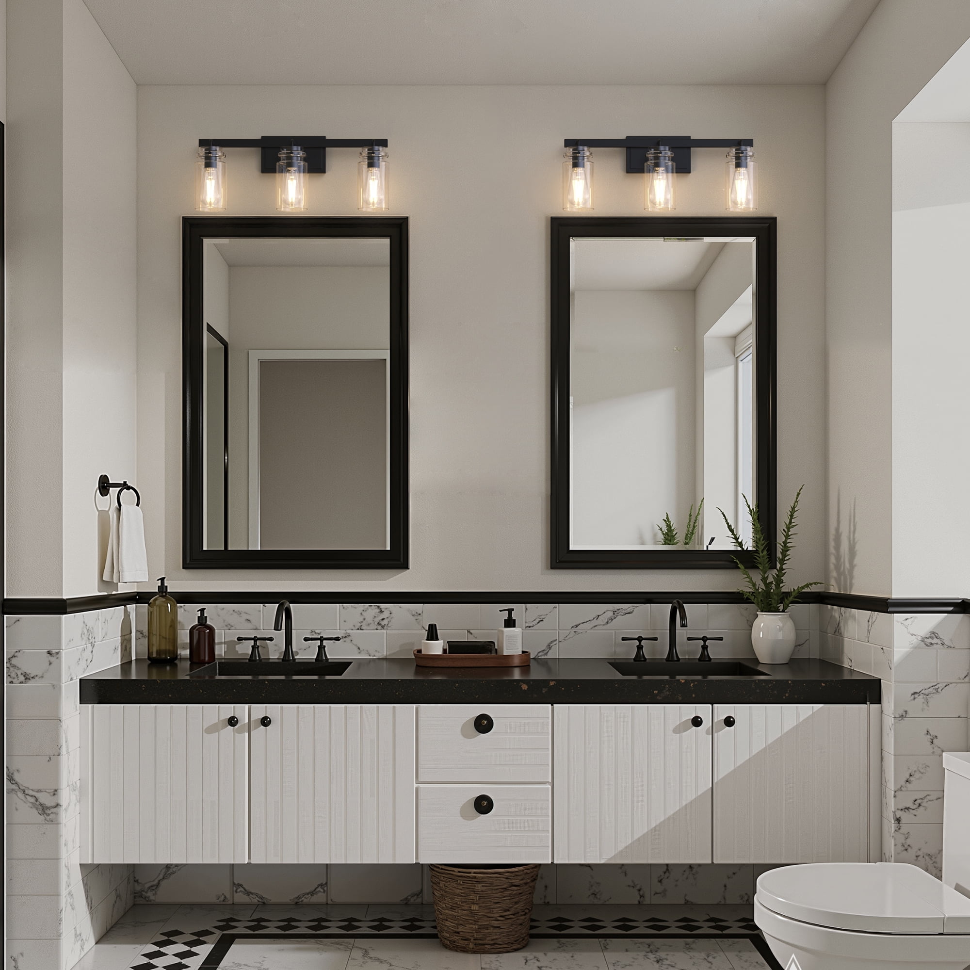 YANSUN 24 in 3-Light Black Modern Cylinder Vanity Light, Clear Glass Bathroom Wall Fixture Over Mirror, for Bathrooms, Powder Rooms, or Vanity Nooks