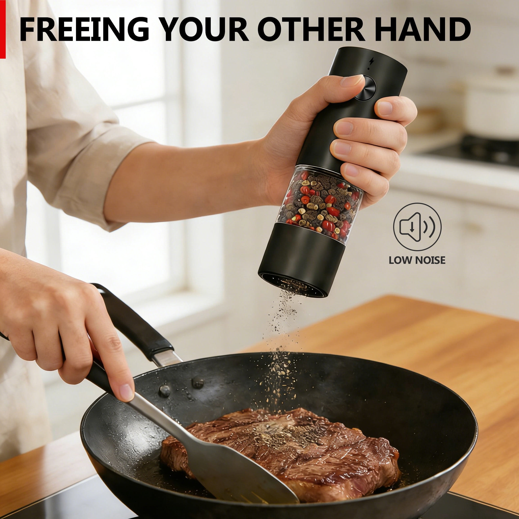 YOLETO Electric Pepper Grinder Set with Display Stand One Hand Operated USB C Rechargeable Adjustable Coarseness Ceramic Burr See Through Chamber (2 pack, Black)