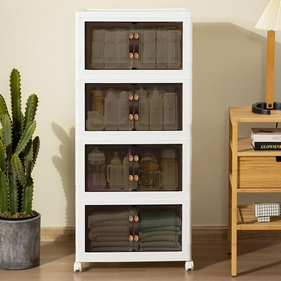 Plastic Stackable Storage Bins With Lids - 32Gal/130QT/4 Pack Collapsible Storage Cabinet with Wheels, Storage Bin Closet Organizer for Clothes, Stackable Drawer Storage Containers for Home