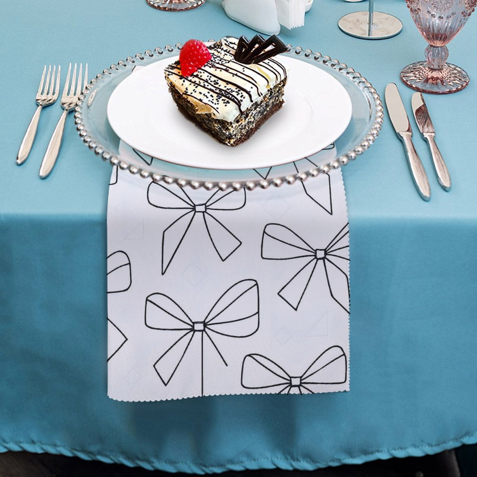 4 PCS Napkin Cloth 18.7in A Wide Range Of Uses Not Fade Not Ball For Hotel Family Banquet Home Modern Minimalist Thin Black And White Ribbon Bow Pattern