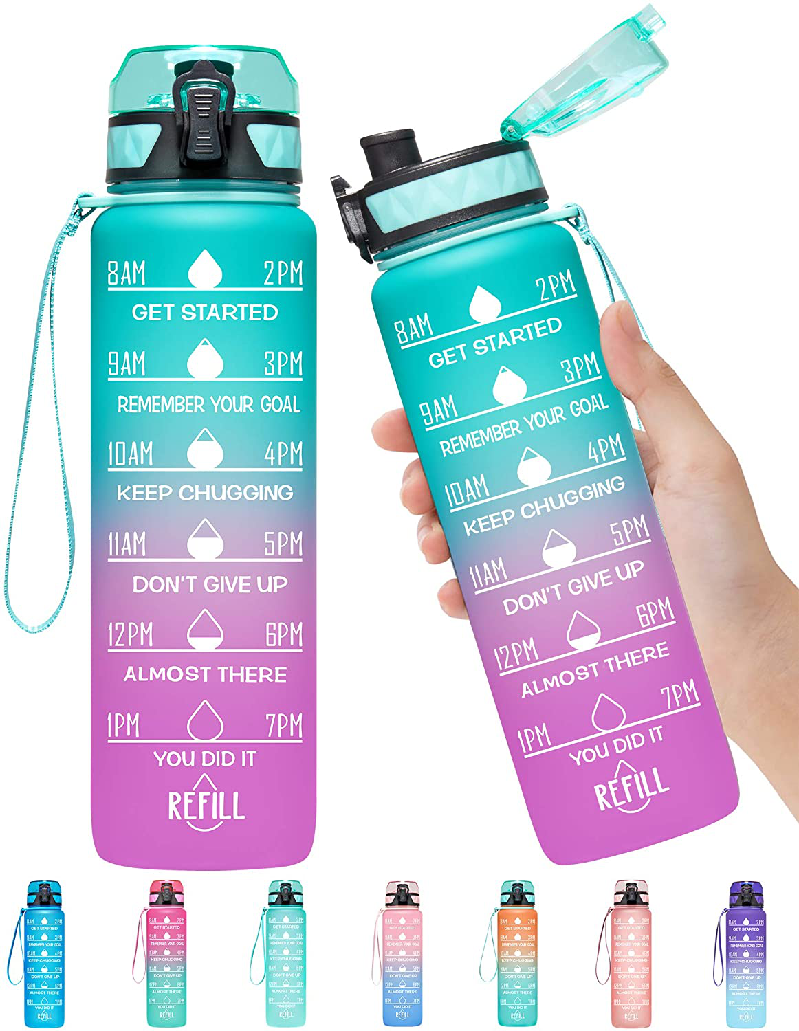 Fast Flow Leakproof Durable BPA Free Non-Toxic 1 Liter Bottle with Carrying Strap for Fitness Gym and Outdoor Sports Milifox 32oz Motivational Water Bottle with Time Marker & Removable Strainer 